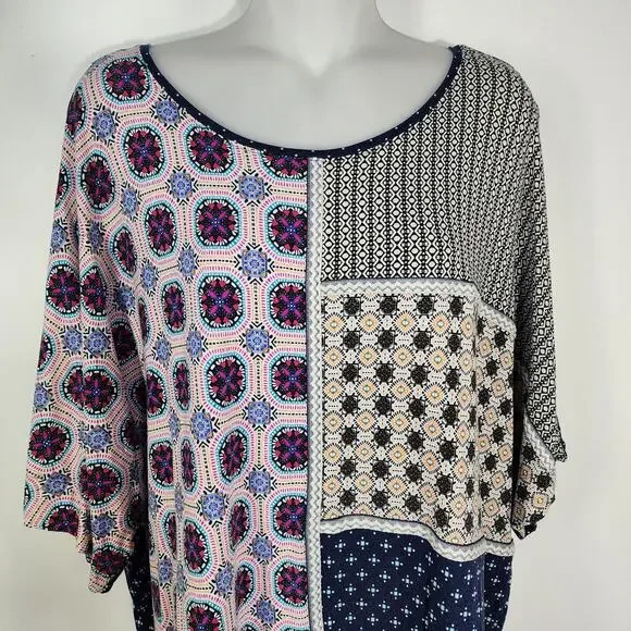 Chico's Patchwork Shirt Women Size 3 US XL Blue Multi Print Bohemian Peasant - Picture 3 of 9